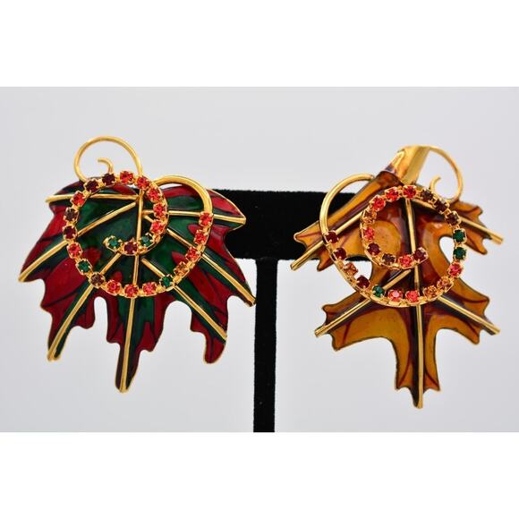 Lunch at The Ritz Vintage Leaf Clip On Earrings Autumn Fall Benedict Signed Bin1 - Picture 1 of 12